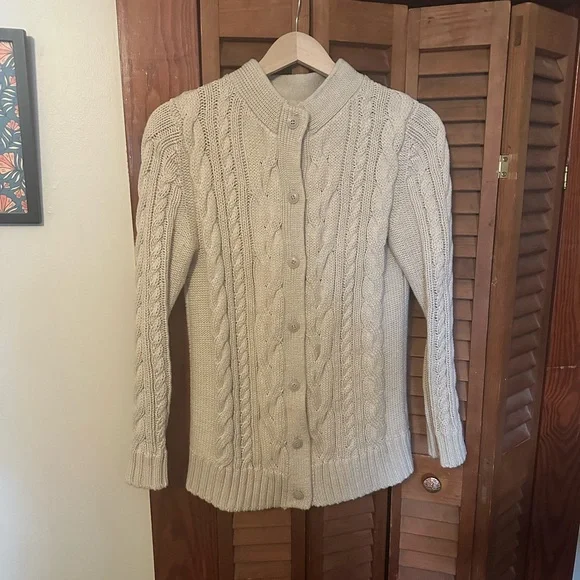 L.L. Bean Cream Cable Knit Cardigan - Picture 1 of 4